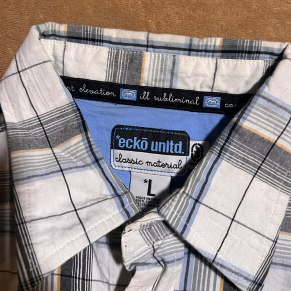 Ecko Grey Plaid‎ Button Down Embroidered Shirt Sz Large Y2K (AA2) - Picture 3 of 8
